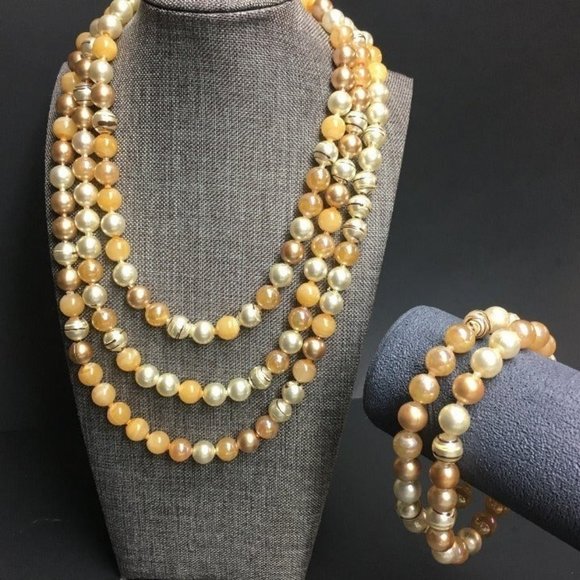 Richelieu Jewelry - VTG Pop Bead Necklace Bracelets Brown Caramel Swirl Beige Gold Adjustable Retro